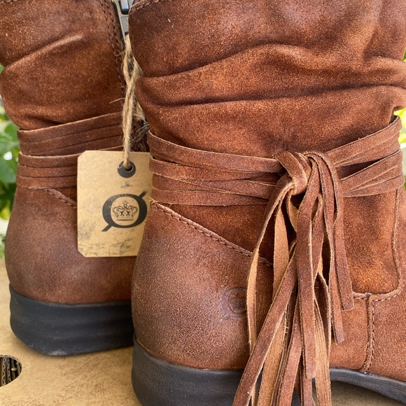 Born Cross Leather Rust Brown Distressed Ankle Booties with Fringe Tassels - Picture 3 of 6